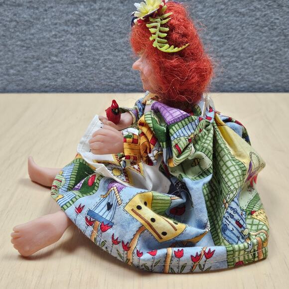 RARE UNIQUE Granny Garden Doll Artist Made Red Hair Cardinal Patchwork Dress - Picture 4 of 9